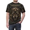 Intricate Norse knotwork and runes frame a fierce wolf's head with glowing eyes on this all over print apparel.