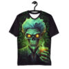 Swirling green patterns and a neon scientist skull with glowing eyes holding a drink cover this full print shirt.