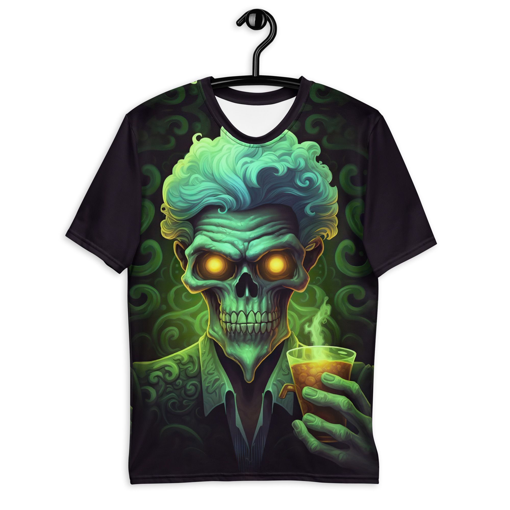 Swirling green patterns and a neon scientist skull with glowing eyes holding a drink cover this full print shirt.