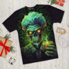 Vibrant green and yellow neon hues cover this patterned tee shirt, depicting a detailed skull with glowing eyes holding a drink.