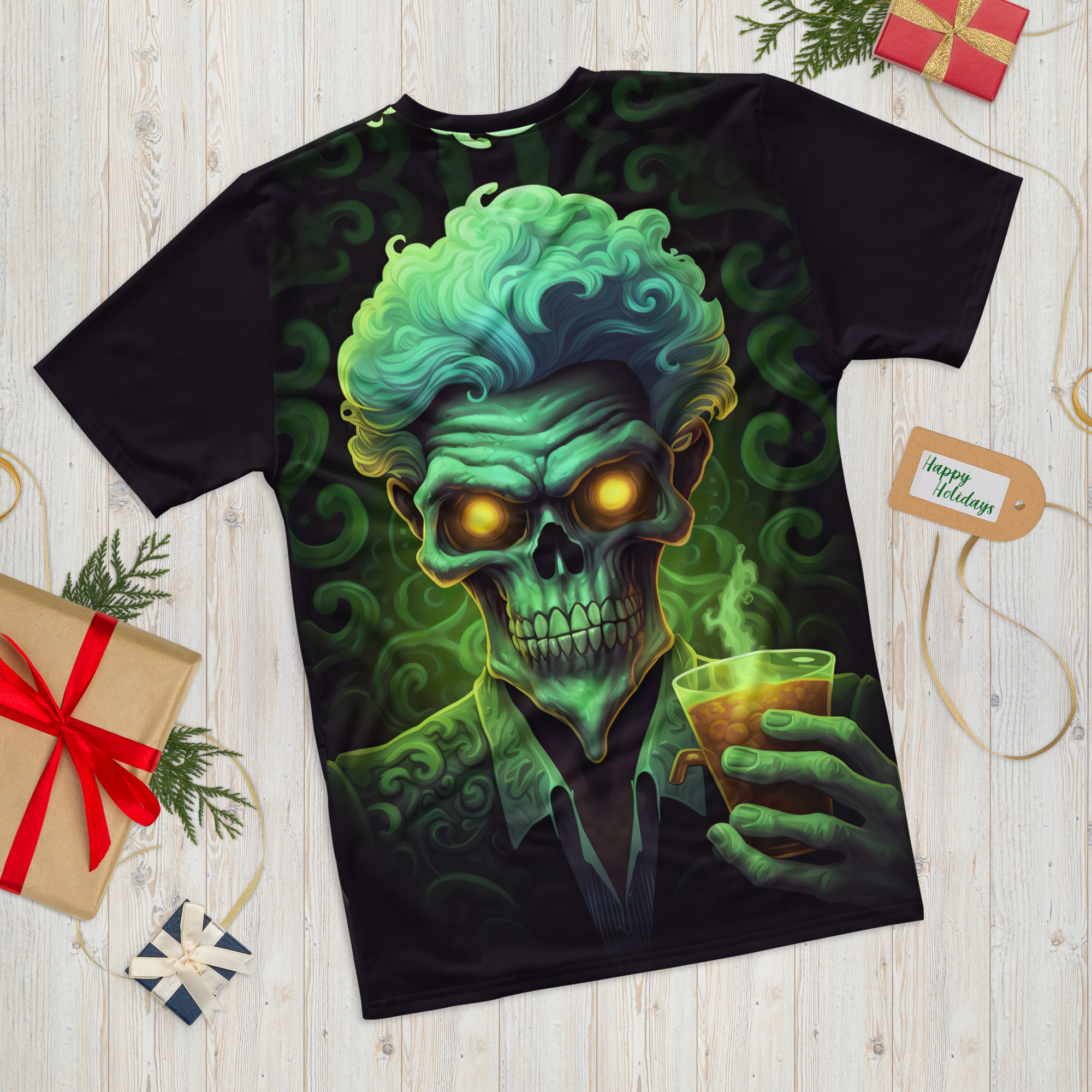 Vibrant green and yellow neon hues cover this patterned tee shirt, depicting a detailed skull with glowing eyes holding a drink.