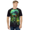 Vibrant green and yellow neon tones depict a skull with glowing eyes and wild hair, holding a drink against a swirling dark background.