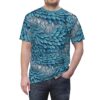 Intricate blue and white feathers cover this sublimation graphic tee, creating a visually striking, layered wing pattern.