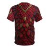 Deep red and textured gold scales cover this all over print apparel, mimicking a mythical creature's protective hide.