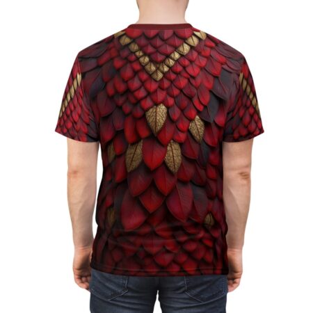 Deep red and metallic gold scales cover this all over print apparel, detailed with a reptilian texture.