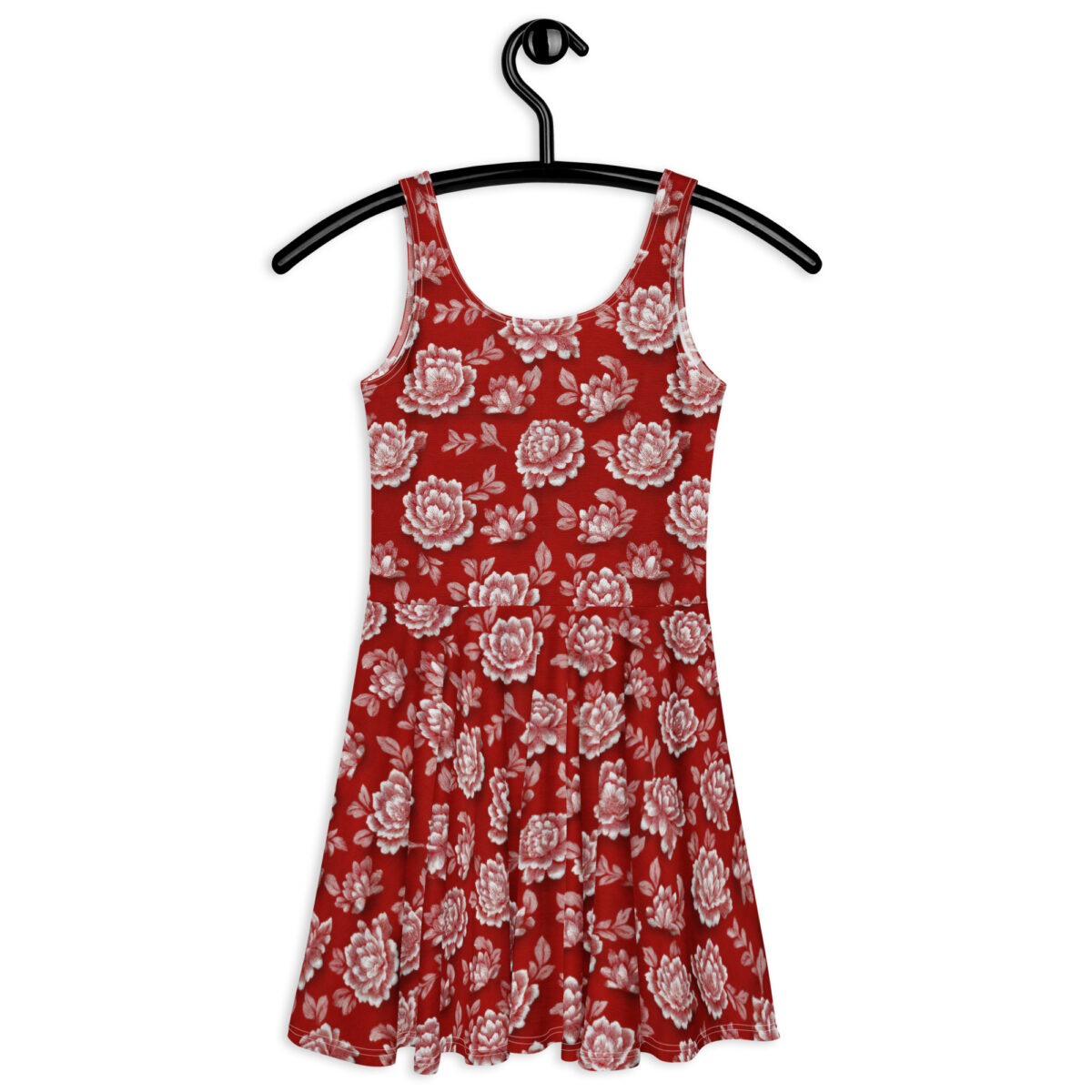 Red skater dress with a white floral all-over print and seamless sublimation design.