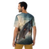 Realistic salmon, water splashes, and a cloudy sky cover this seamless pattern tee, depicting a fish jumping from rough waves.