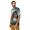 Realistic salmon leaping through water and splashing waves cover this patterned tee shirt, with a backdrop of trees and sky.