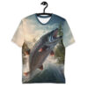 Grays, blues, and greens cover this all over print apparel, showing a salmon leaping from churning water with a forest and sky in the background.