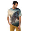 Realistic salmon in mid-air, splashing water, and mountains under a cloudy sky cover this seamless pattern tee.