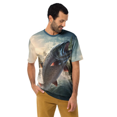 Comfortable Salmon, Fish Jumping Uni-Sex Graphic T-Shirt – breathable cotton all-over design