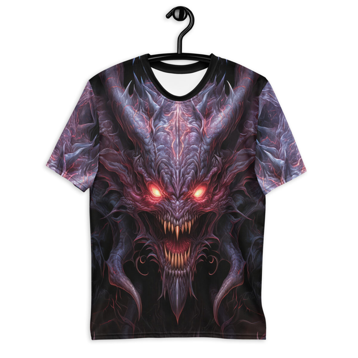 Men's all over print sublimation tee featuring a scary, glowing-eyed demon graphic with sharp teeth and horns.