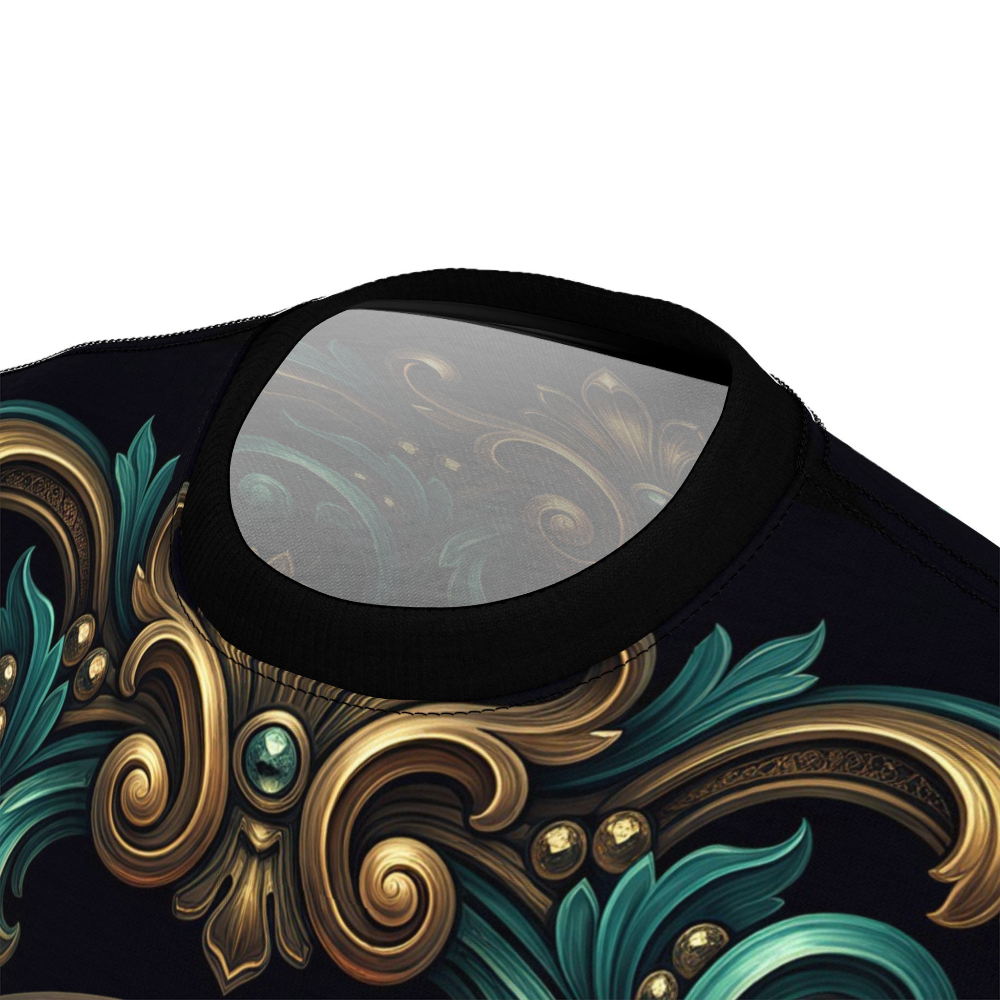 Ornate gold and teal scrollwork patterns adorn this all over print t-shirt.