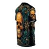 Ornate gold skulls and teal baroque patterns adorn this all over print t-shirt.
