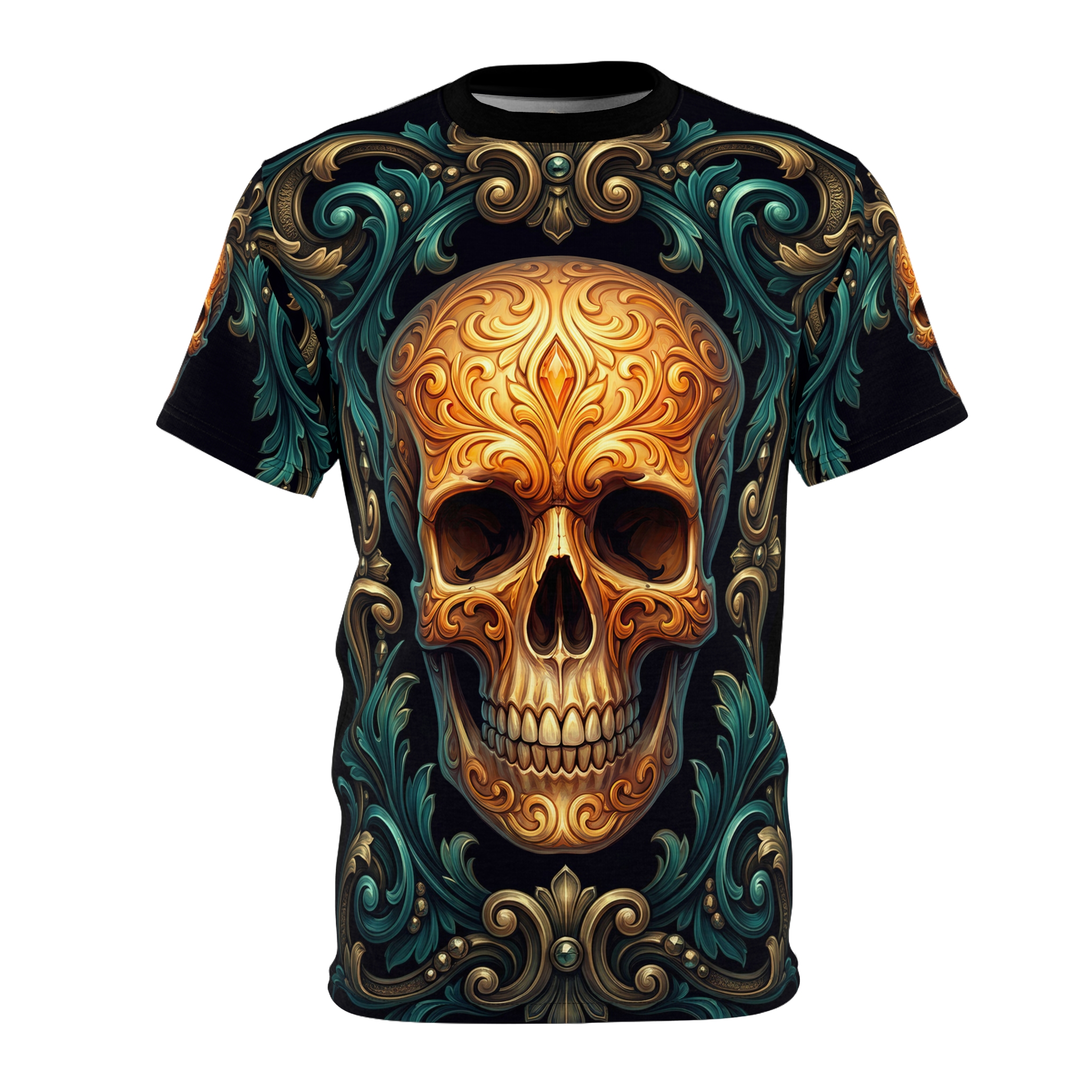 Ornate gold skull on a black background with teal and gold baroque-inspired scrolling, an all over print t-shirt.