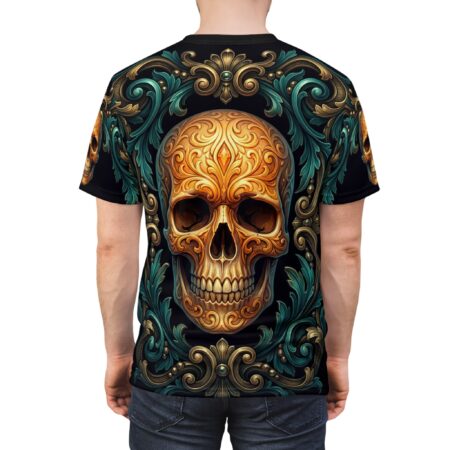 Bold Skull Baroque Tee — Ornate Gold Skull All-Over Print Shirt – high-quality graphic streetwear t-shirt