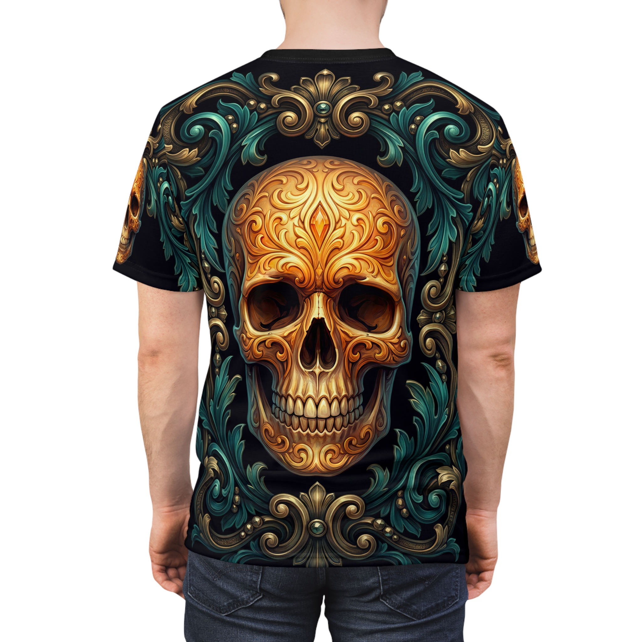 Ornate gold skull detailed with baroque patterns on this all over print t-shirt.