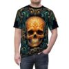 Ornate gold skull with teal and gold filigree on black, all over print t-shirt.