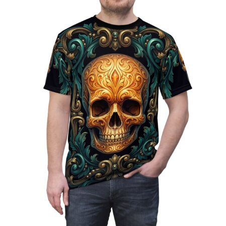 Bold Skull Baroque Tee — Ornate Gold Skull All-Over Print Shirt – high-quality graphic streetwear t-shirt