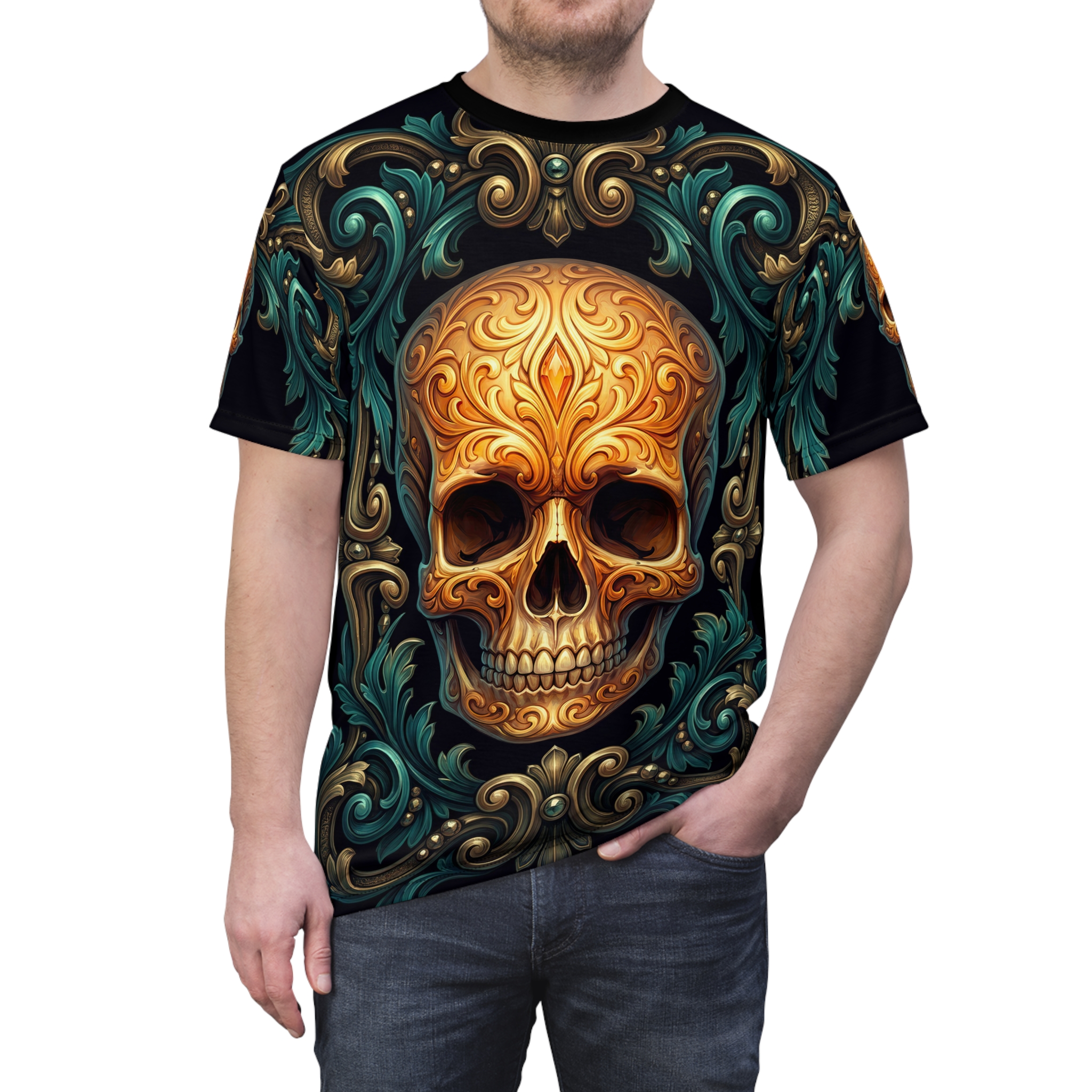 Ornate gold skull with teal and gold filigree on black, all over print t-shirt.