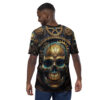 Intricate gold and teal gears and a metallic skull cover this graphic streetwear tee, detailed with mechanical elements.