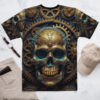 Intricate gold and teal gears surround a metallic gold skull with glowing teal eye sockets on this full print shirt.