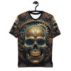 Intricate gold and teal mechanical skulls and gears cover this seamless pattern tee, set against a dark, textured background.