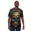 Intricate golden gears, dark metal textures, and glowing teal accents cover this all over print t-shirt, depicting a detailed steampunk skull.