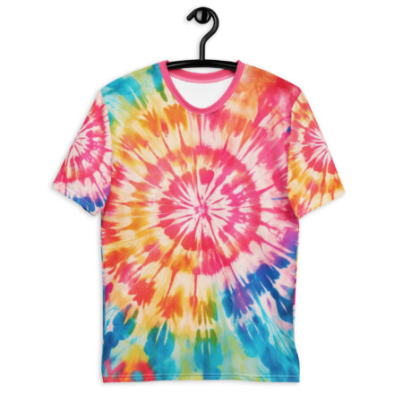Vibrant tie dye all over print sublimation tee featuring a retro swirl pattern in pink, yellow, orange, and blue hues.