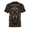 Gold and brown Celtic knotwork surrounds a snarling wolf's head with glowing eyes and runes; repeating wolf heads on sleeves and border elements.