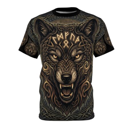 Gold and brown Celtic knotwork surrounds a snarling wolf's head with glowing eyes and runes; repeating wolf heads on sleeves and border elements.