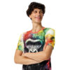 Vibrant watercolor splashes of red, yellow, green, and purple cover this sublimation graphic tee, depicting a detailed gorilla ape portrait with expressive eyes.