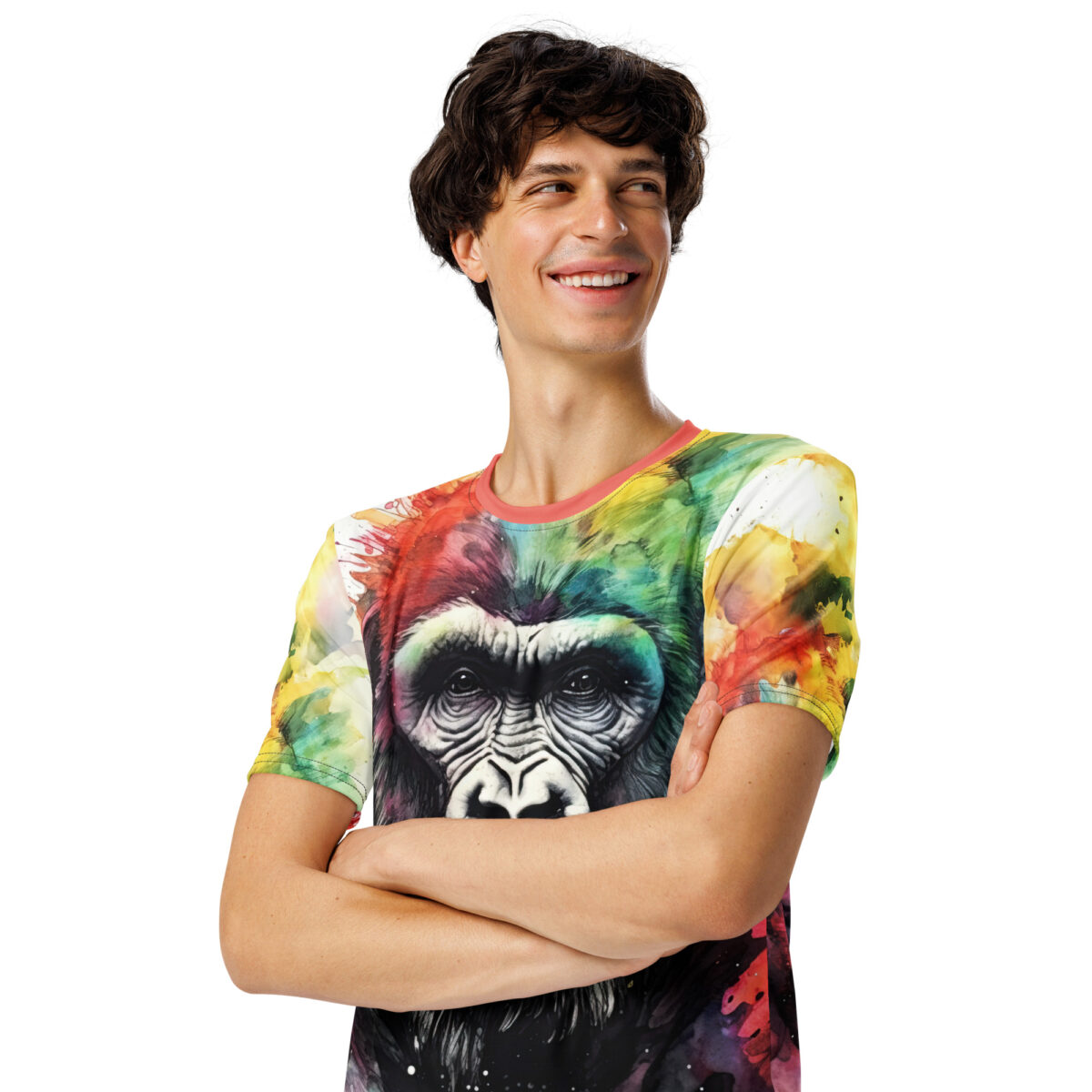 Vibrant watercolor splashes of red, yellow, green, and purple cover this sublimation graphic tee, depicting a detailed gorilla ape portrait with expressive eyes.