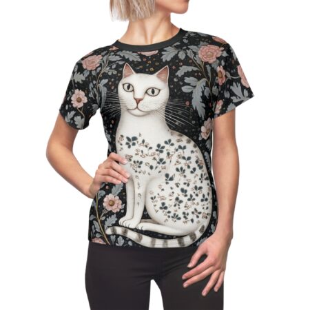 White cat with floral pattern sublimation tee, featuring a dark vintage pattern with pink flowers and green leaves wrap around graphic.