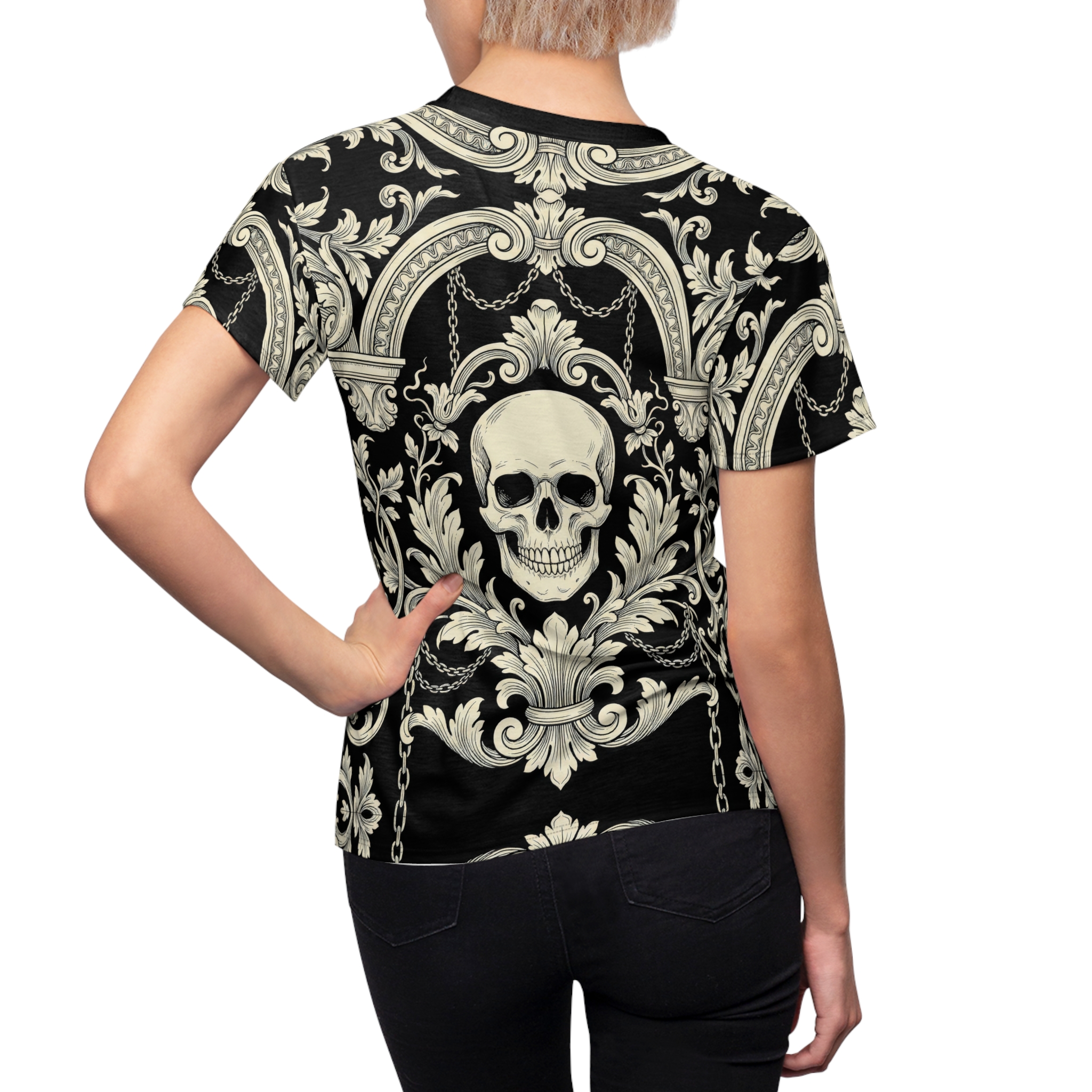 Women's Skull Baroque Tee — Gothic Floral All-Over Print
