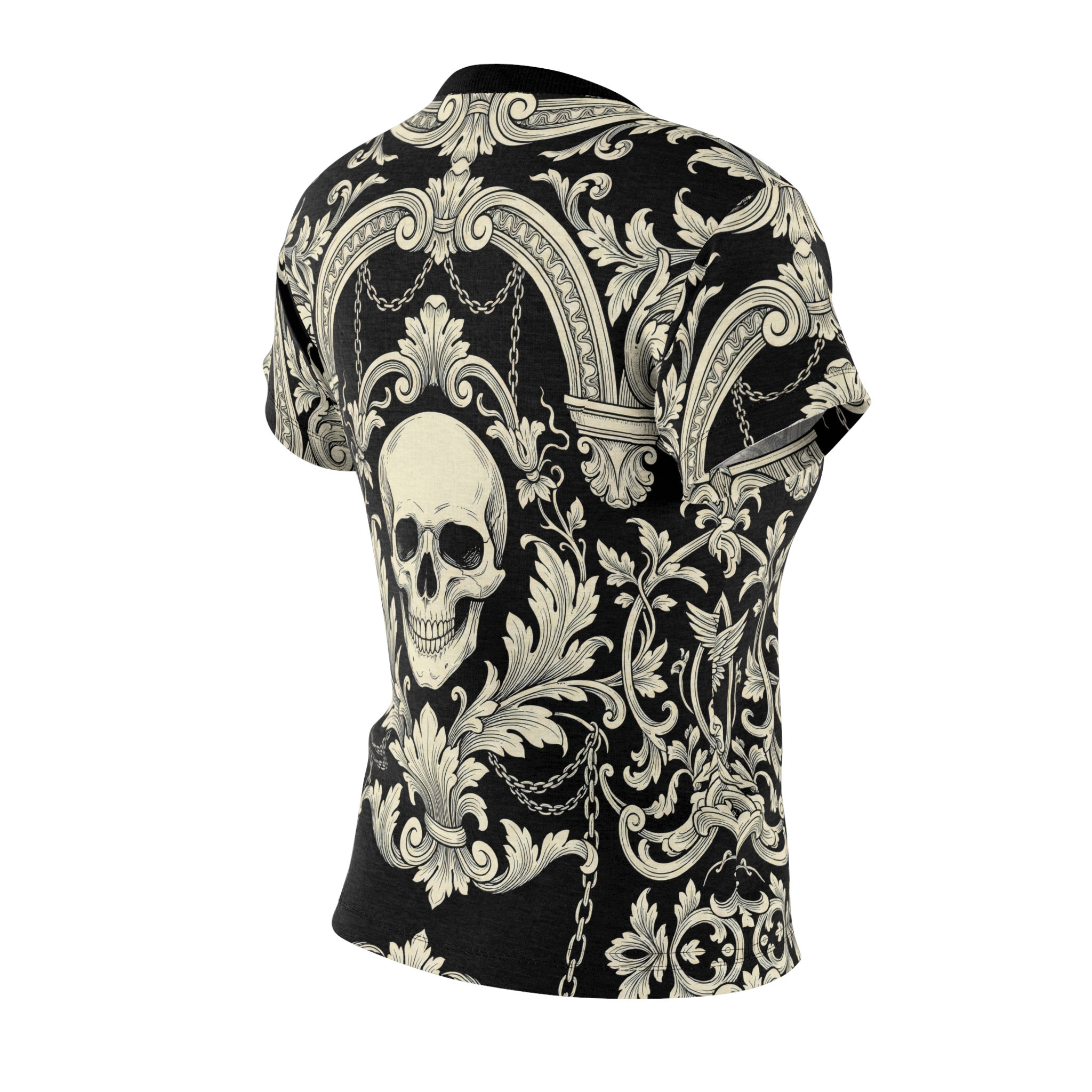 Women's Skull Baroque Tee — Gothic Floral All-Over Print