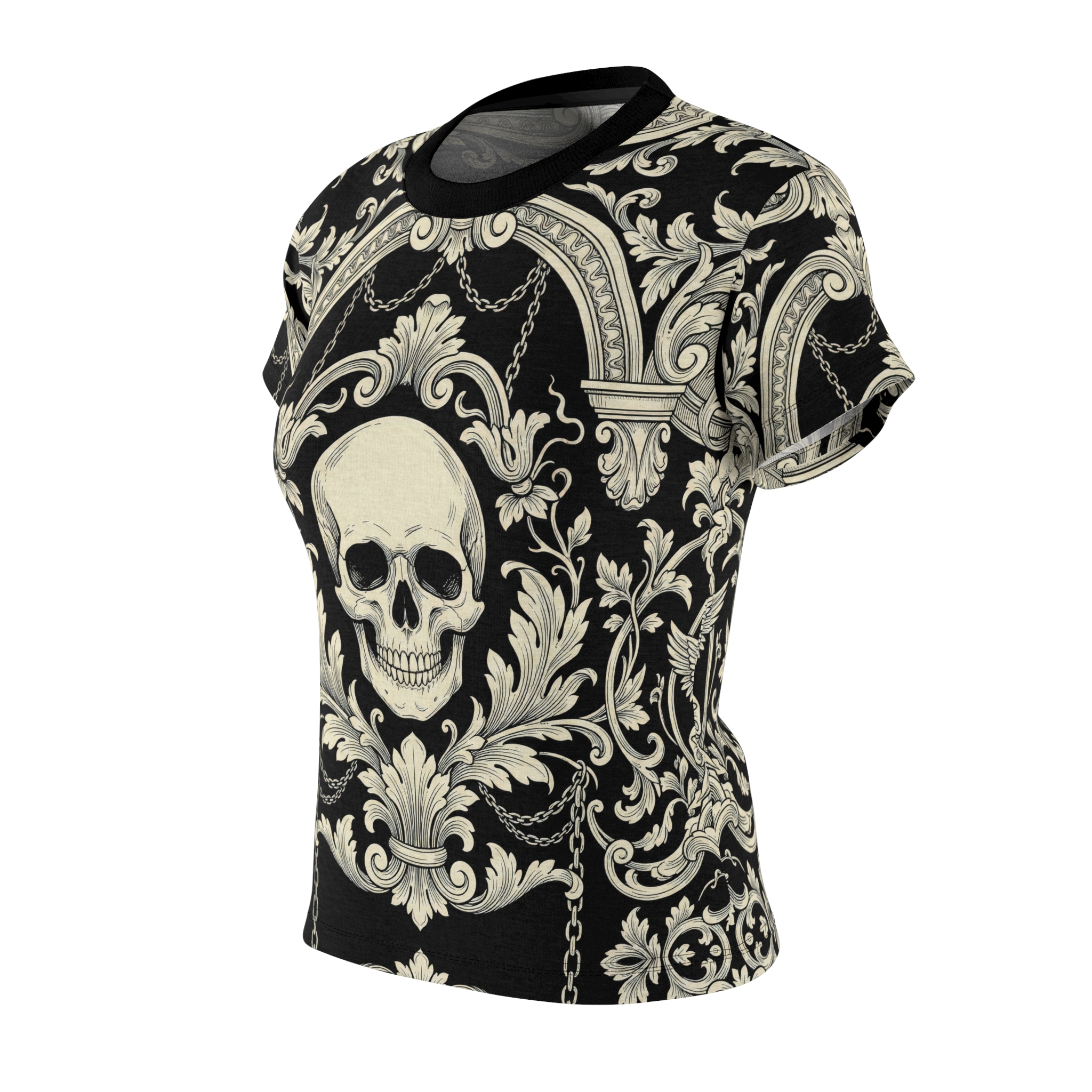 Women's Skull Baroque Tee — Gothic Floral All-Over Print