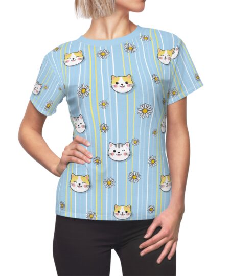 Blue Daisy & Cute Cat Faces Women's Tee — All-Over Print