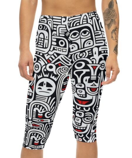 Capri Leggings — Bold Black & White Tribal Faces All-Over Print