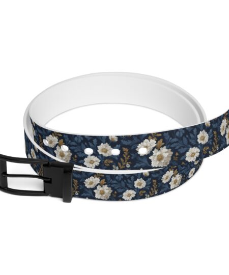 Navy Floral Belt — Vintage White Daisy Print Adjustable Fashion Belt