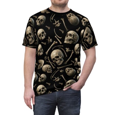 Vibrant Skull Pattern Tee — Vintage Bone All-Over Print – eye-catching full print casual top