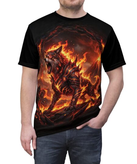 Flaming Wolf Graphic Tee — Fiery Mythic Wolf All-Over Print