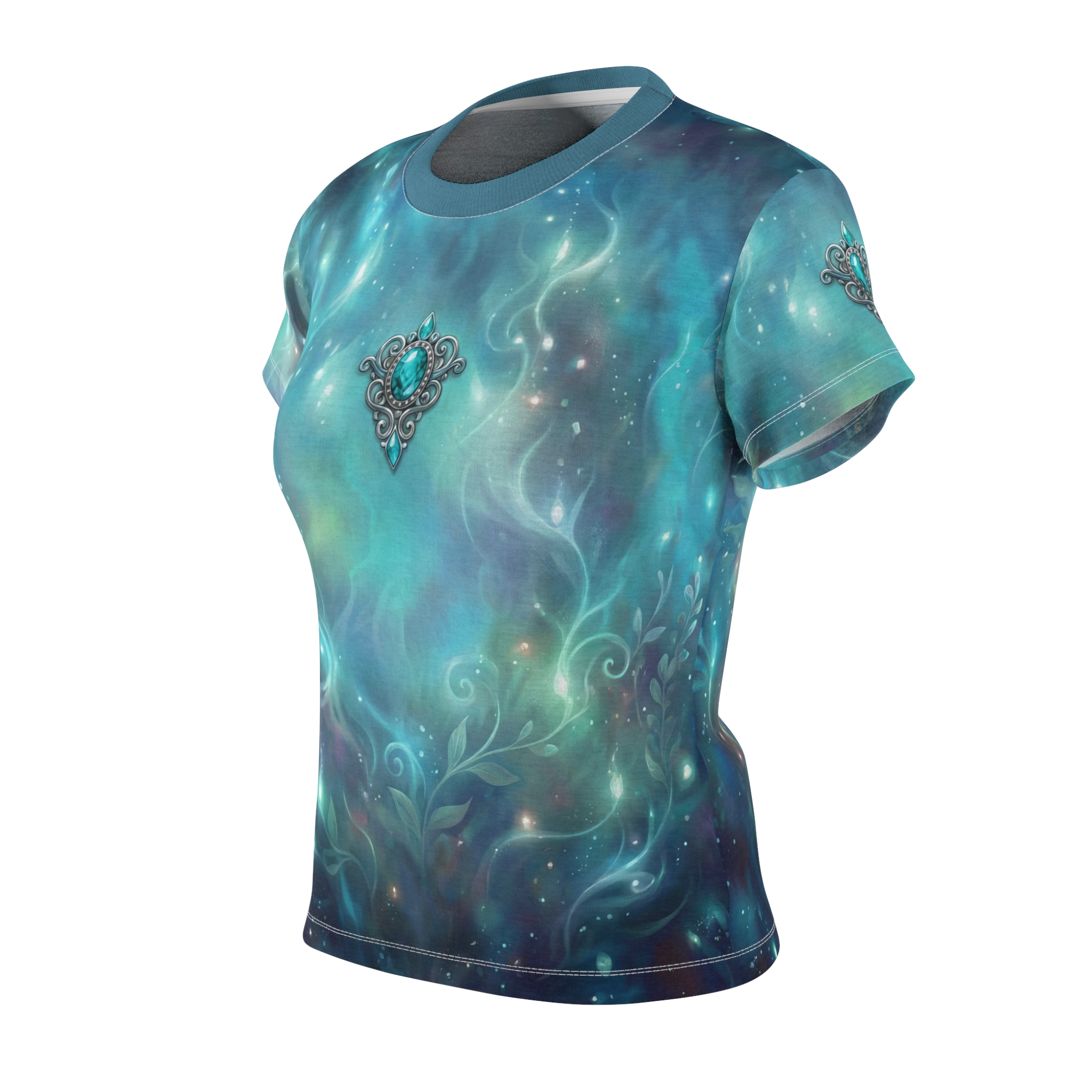 Mystic Teal Galaxy Women's Tee — Gem Emblem All-Over Print - Image 3