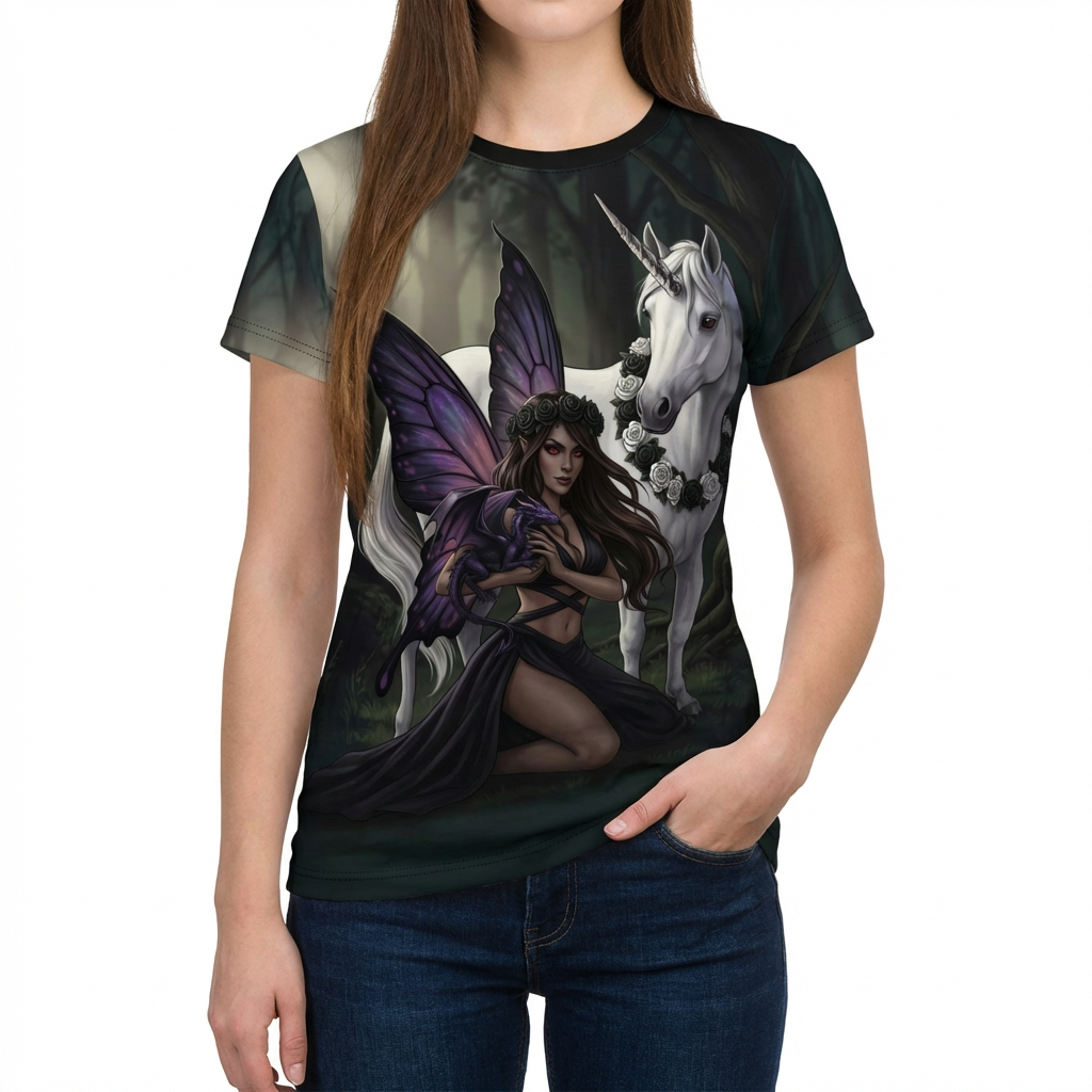 Unicorn & Fairy All-Over Print Tee — Fantasy Woodland Graphic Shirt