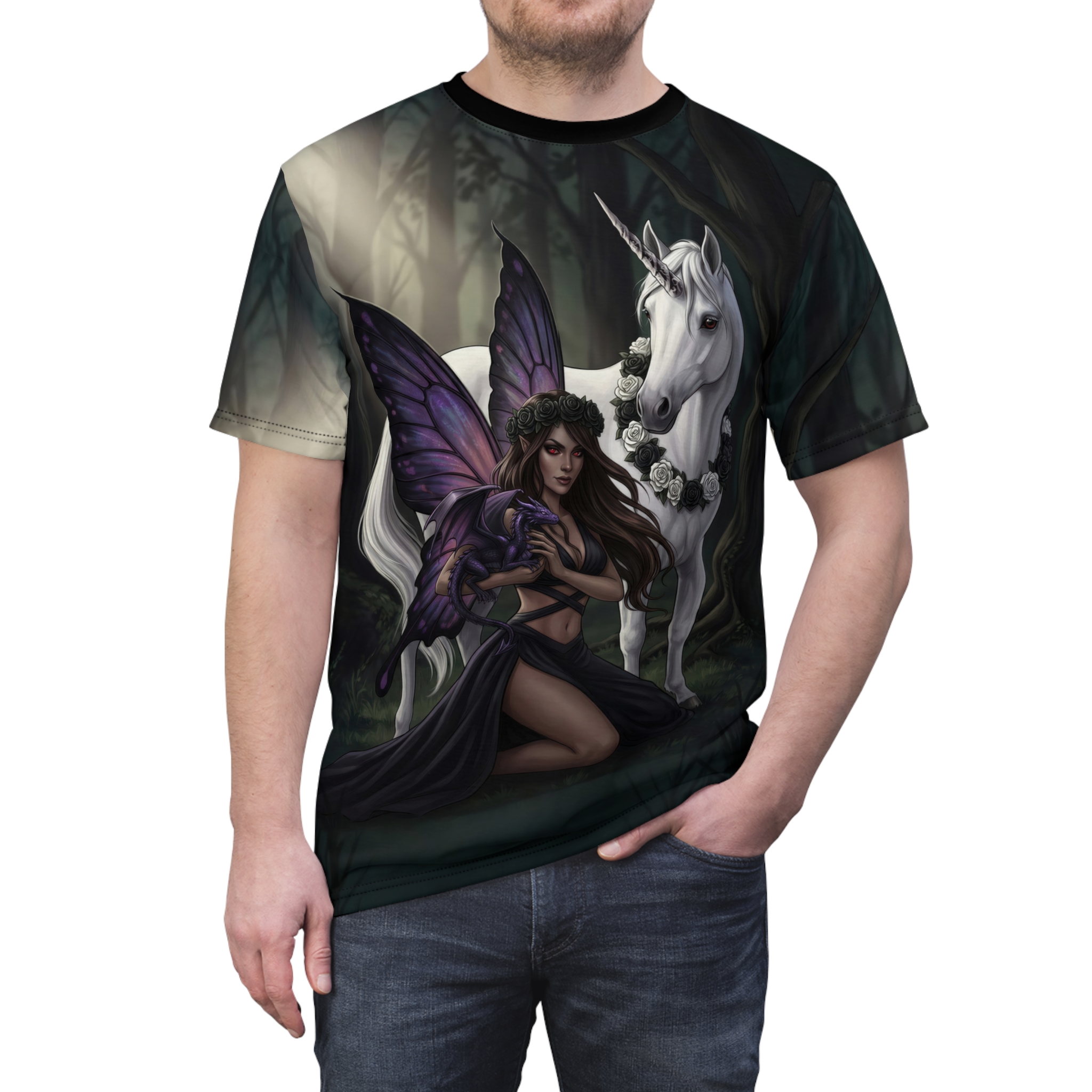 Unicorn & Fairy All-Over Print Tee — Fantasy Woodland Graphic Shirt - Image 2
