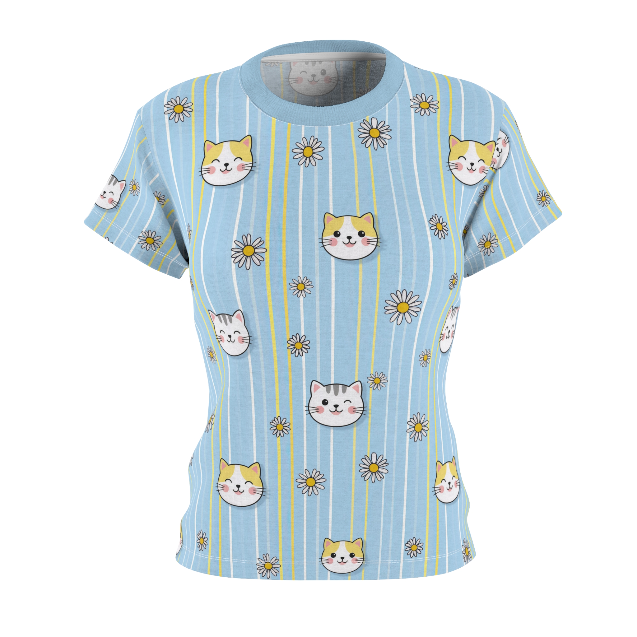 Blue Daisy & Cute Cat Faces Women's Tee — All-Over Print - Image 2
