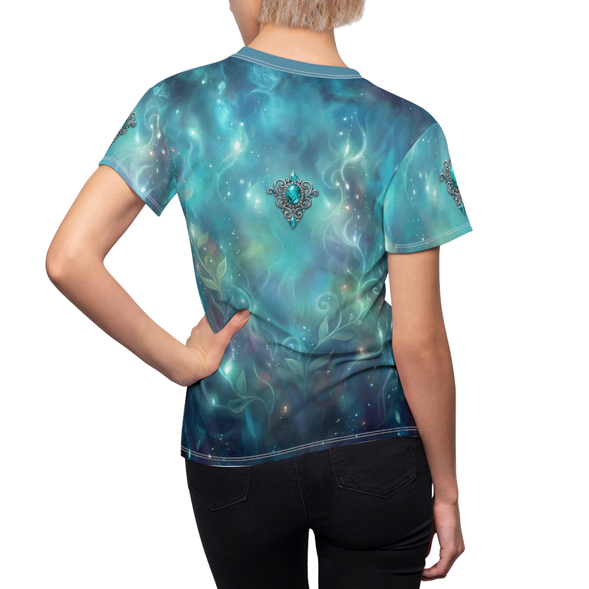 Mystic Teal Galaxy Women's Tee — Gem Emblem All-Over Print - Image 5