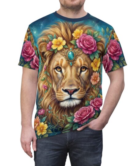 Floral Lion All-Over Print Tee — Regal Jungle Flower Graphic Shirt