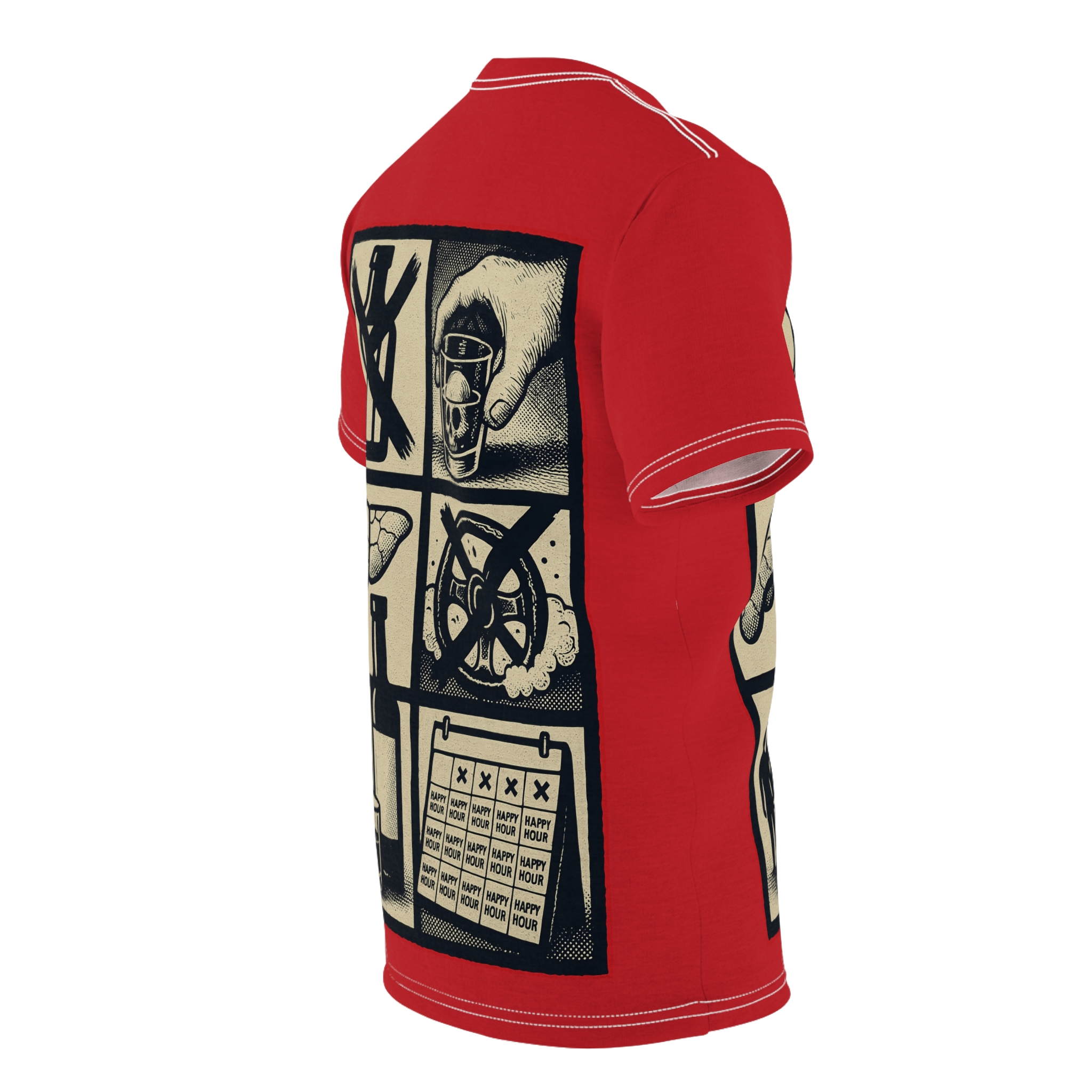 Vintage health poster graphics in black and beige on a red all over print t-shirt, depicting a hand holding a shot glass.