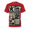 Vintage health poster graphics with a skull in a drink and a liver, on a red all over print t-shirt.